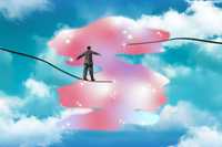 Extended Difficulties Following Psychedelic Use. A blue sky with white clouds, and a graphic os a dreamy pink and white winding cloudy road in the centre. There is a small image of a businessman balancing on a tigh rope crossing "road" image from left to right, except the tight rope is broken in the middle.