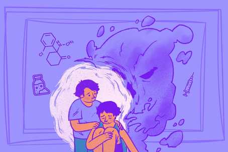 An illustraion of a person in distress being comforted by another person. Behind them is a whitish cloud, and behind that, a larger looming threatening cloud with a menacing face respresenting ketamine's addicitve potential. The background is lilac and has contains a diagram of the chemical composiition of ketamine, a small vial of ketamine, and an injection.