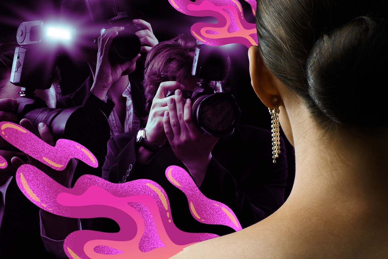 Back-view of a celebrity with hair worn in a bun, with paparazzi in front of them, and graphic pink glittery psychedelic liquid shapes around them, conveying celebrity psychedelic experiences.