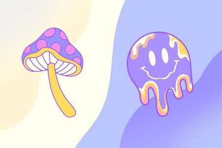 Synthetic Psychedelics. A graphic image depicting a whole psilocybin mushroom on a pale yellow background on the left, and what's presumed to be a synthetic psychedelic compound (with a smiley face) on the right on a soft purple background.