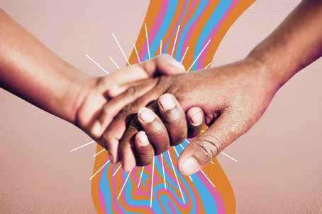 Healthy boundaries. A peachy-sandy colored background with a dividing graphic of inconsistent wonky lines in bright orange, pink, and blue. Over this image is a pair of hands each other, one each of a different person. There are thin white lines in a circular shape expanding outwards from behind the hands.