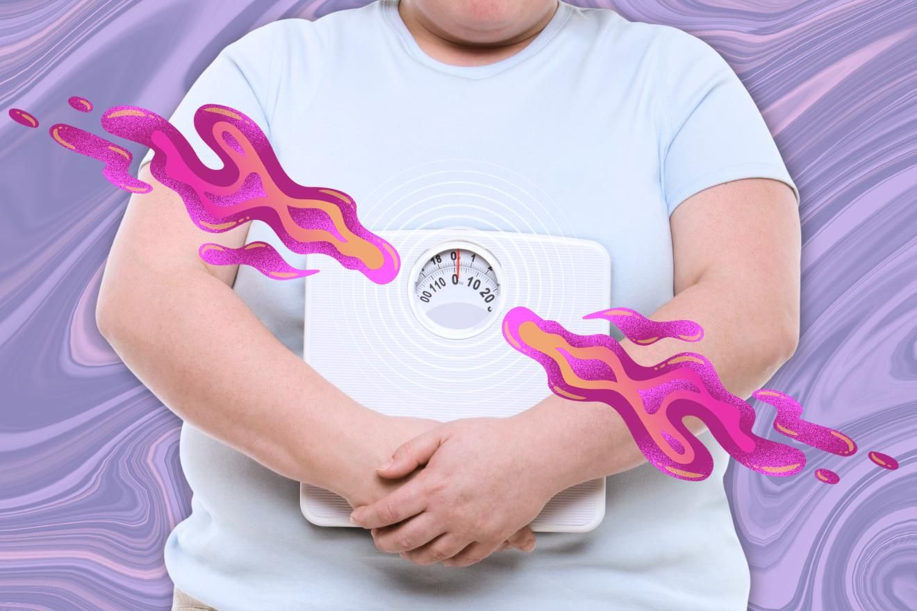 Treatment options for obesity. A dusty purple background with liquidy patterns. There is a larger-sizes person in a white t-shirt holding a scale, cropped to just their torso. There are also some pink psychedelic liquid patterns around the scale.