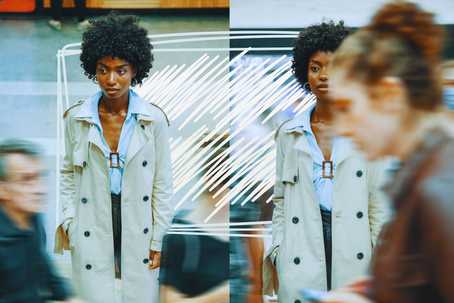 High-Functioning Anxiety. Two different shots of the same person side by side. The person has dark skin and very curly black hair and is wearing a light grey trenchcoat with a pale blue shirt underneath. They are walking somewhere on a street, with blurry people walking by captured in the photo. There are jagged white doodle-type scribbles behind them.