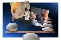 Psychedelic therapy clinics. A stylized composition of a wooden balance beam with smooth stacked stones, overlaid with warm-toned therapy scenes against a deep blue gradient background, suggesting balance and care.