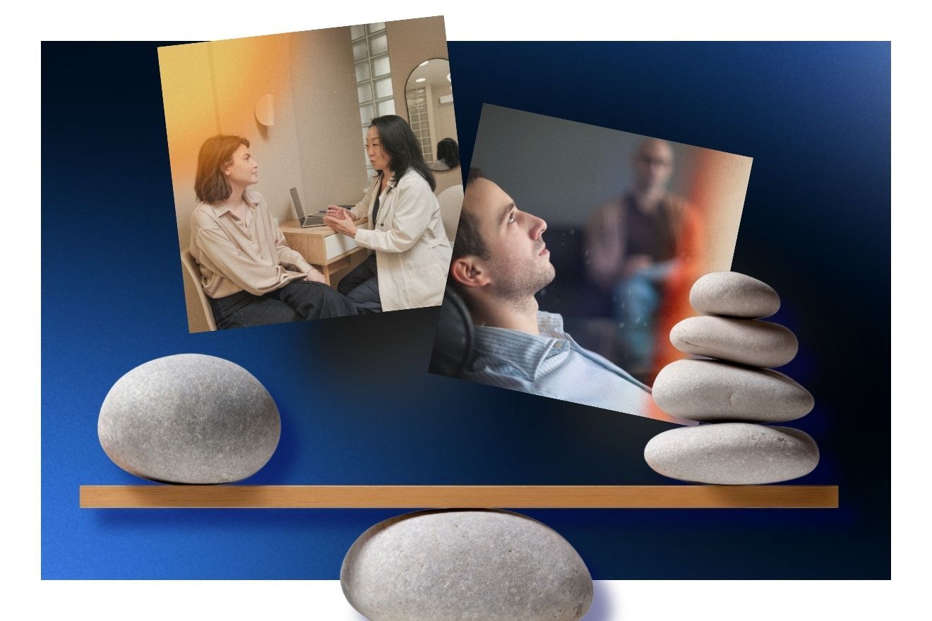 Psychedelic therapy clinics. A stylized composition of a wooden balance beam with smooth stacked stones, overlaid with warm-toned therapy scenes against a deep blue gradient background, suggesting balance and care.