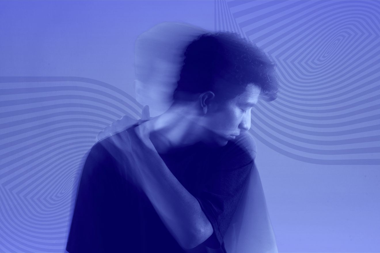 Trigger anxiety attacks. Double exposure portrait of a young man with curly hair, ethereal blue tone, abstract geometric patterns in the background, conveying themes of introspection and self-reflection