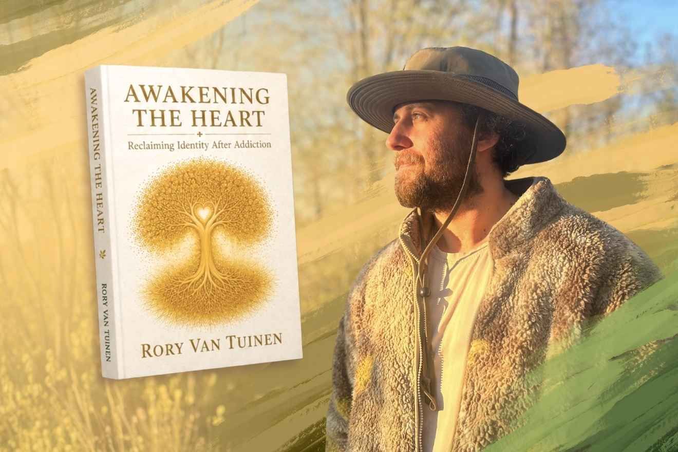 Ibogaine therapy. A book titled Awakening the Heart: Reclaiming Identity After Addiction by Rory Van Tuinen appears beside a portrait of the author wearing a wide-brimmed hat and fleece jacket, looking into the distance against a softly blurred natural background with warm golden tones and painterly brushstroke accents.