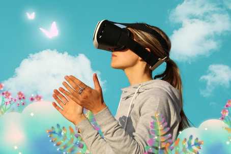 Altered states of consciousness. Background is a blue sky with white fluffy clouds There is a light-skinned female-presenting person in side view, facing the left of the image from the viewer's view. They are wearing a VR headset and a gray hoodie, and have their hands lifted a little in front of them. The person is amongst graphics of dreamy psychedelic plants along the bottom of the image.
