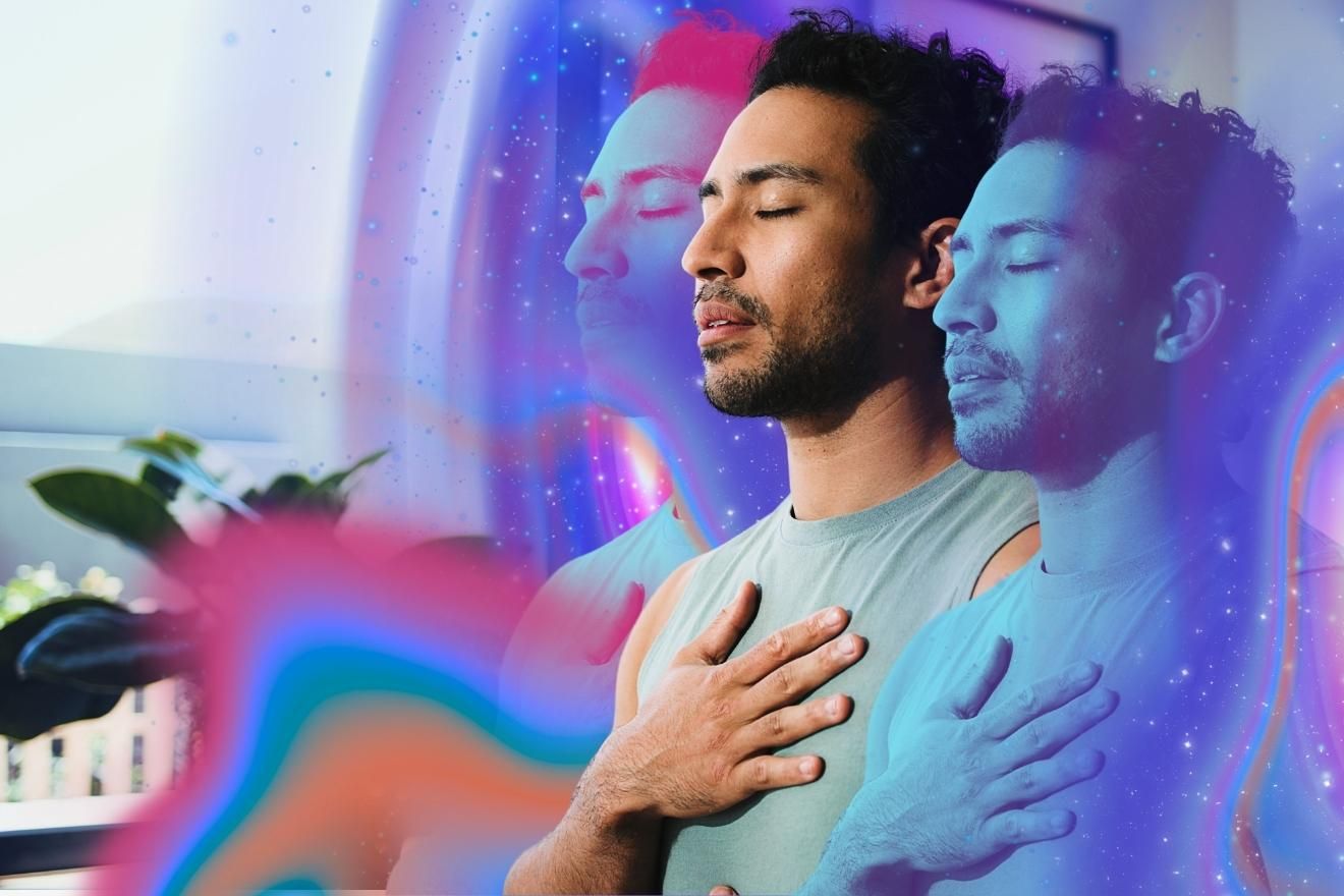 Holotropic Breathwork. A man with closed eyes and a hand on his chest is shown in a soft, surreal composition with layered translucent duplicates and swirling pink, blue, and purple cosmic-style colors around him.
