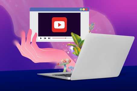 How psychedelic works. The image features a surreal, digitally illustrated composition with a laptop on a dark blue surface. Above the laptop, a floating hand holds a stylized YouTube video window with a red play button. The background is a dreamy gradient of purples and pinks with subtle star-like sparkles. Surrounding the scene are psychedelic elements, including glowing mushrooms, vibrant green leaves, and iridescent plants. The overall composition combines technology with a mystical, psychedelic aesthetic, emphasizing an imaginative and visually engaging theme.
