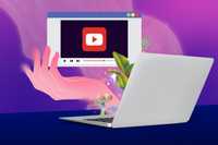 How psychedelic works. The image features a surreal, digitally illustrated composition with a laptop on a dark blue surface. Above the laptop, a floating hand holds a stylized YouTube video window with a red play button. The background is a dreamy gradient of purples and pinks with subtle star-like sparkles. Surrounding the scene are psychedelic elements, including glowing mushrooms, vibrant green leaves, and iridescent plants. The overall composition combines technology with a mystical, psychedelic aesthetic, emphasizing an imaginative and visually engaging theme.