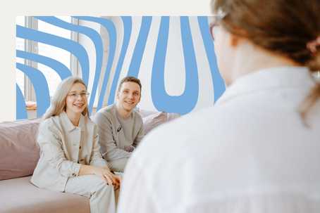 FDA rejection. A happy couple sitting on a pink couch smiling at a therapist, therapy session, modern living room, blue abstract background.