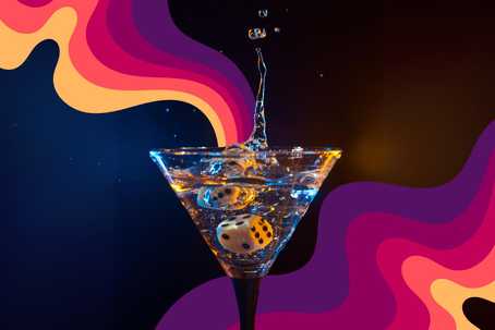 Gmabling disorder. The image shows a martini glass filled with liquid, where two dice are submerged. A splash is frozen mid-action, suggesting the dice were just dropped into the glass. The lighting reflects off the liquid, giving the glass an illuminated glow, with cool blues and warm golden highlights. In the background, psychedelic, wavy lines in vibrant shades of pink, purple, orange, and yellow swirl dramatically, contrasting against a dark blue and black space. The abstract background adds an energetic and playful atmosphere, creating a sense of chance and excitement around the dice, with a retro, neon aesthetic.