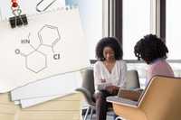 A therapist takes notes during a counselling session while an illustration of the ketamine molecular structure appears overlaid on torn notebook paper, representing ketamine-assisted therapy.