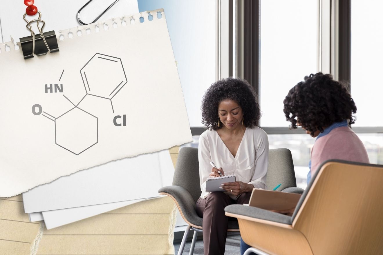 A therapist takes notes during a counselling session while an illustration of the ketamine molecular structure appears overlaid on torn notebook paper, representing ketamine-assisted therapy.