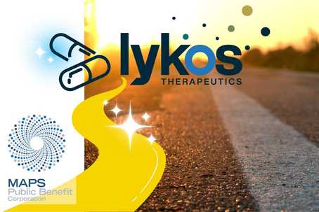 Legal MDMA Therapy. A tar road ahead with a golden sunrise in the distance. There is a graphic of a yellow road leading from the MAPS logo in the bottom left corner to the Lykos Therapeutics logo in the top center, with some sparkles along the road, and a graphic of two medicine capsules to the left of the Lykos logo.