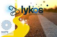 Legal MDMA Therapy. A tar road ahead with a golden sunrise in the distance. There is a graphic of a yellow road leading from the MAPS logo in the bottom left corner to the Lykos Therapeutics logo in the top center, with some sparkles along the road, and a graphic of two medicine capsules to the left of the Lykos logo.