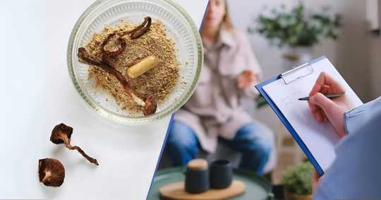 Microdosing in Psychotherapy. Left Side: A bowl with ground mushroom powder and whole dried mushrooms, with a capsule in the powder, likely containing mushroom powder or another supplement. The dried mushrooms resemble psilocybin mushrooms, known for their psychoactive properties. Right Side: A person sits casually while someone in the foreground writes notes on a clipboard, suggesting a therapy session. The image may imply a connection between psychedelic-assisted therapy and the use of mushrooms, possibly psilocybin, in mental health treatment or research.